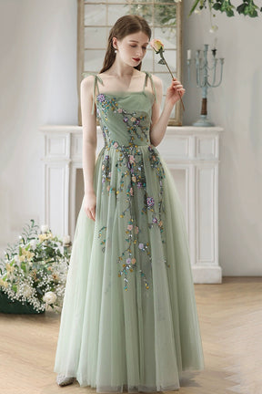 Beautiful Tulle Beads Long Prom Dress, Green Spaghetti Strap Backless Evening Party Dress