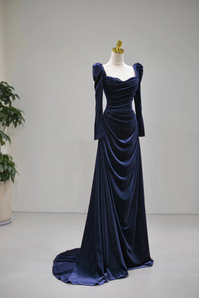 Navy Velvet Long Sleeve Prom Gown, A-Line Ruched Formal Evening Gown