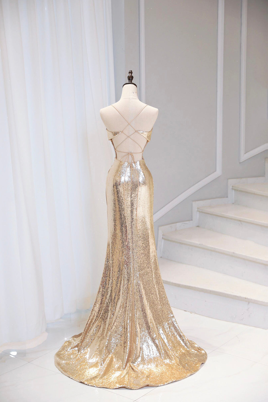 Mermaid Sequins Long Prom Dress, Gold Backless Evening Party Dress