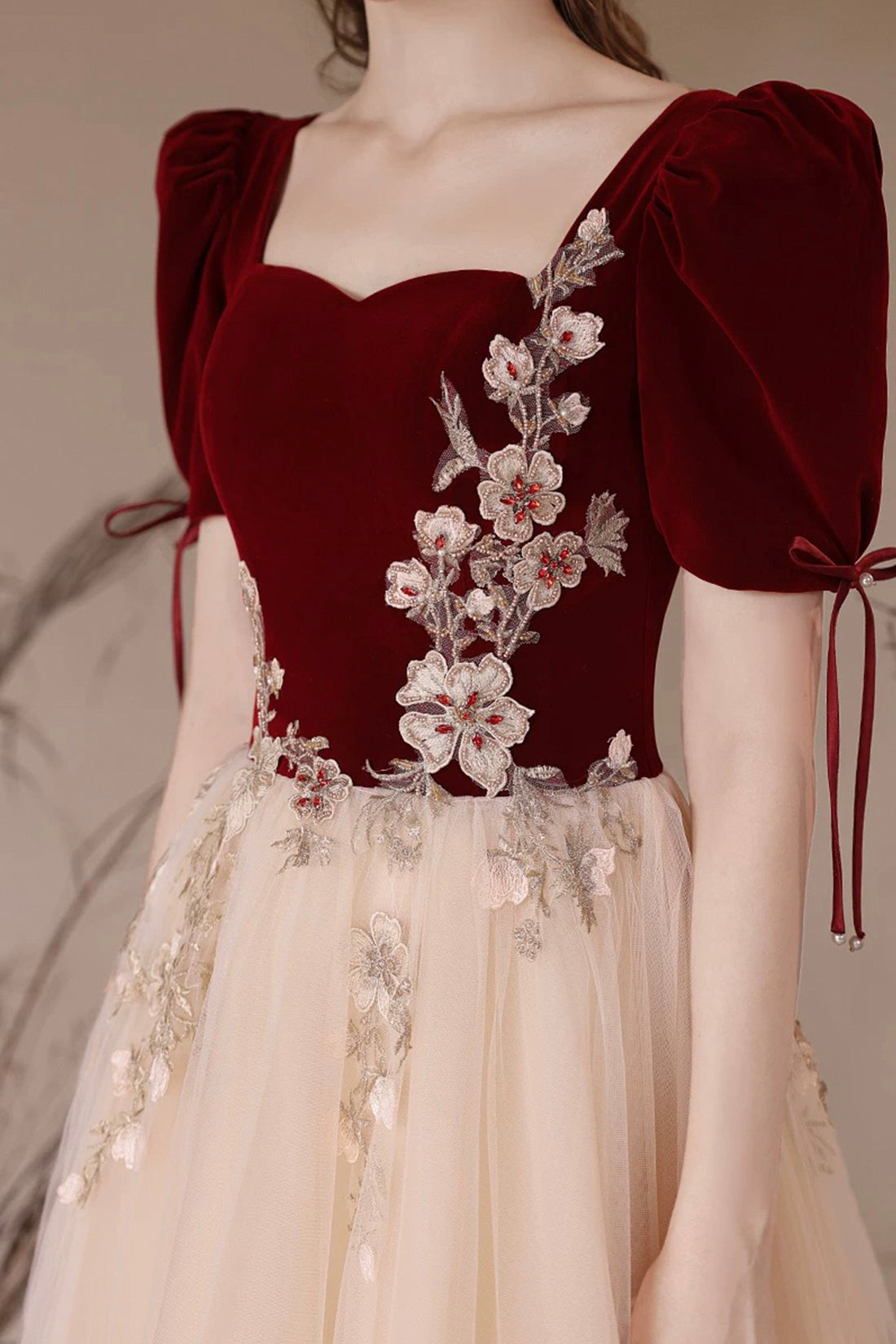 Burgundy Velvet and Champagne Tulle Long A-Line Prom Dress with Lace