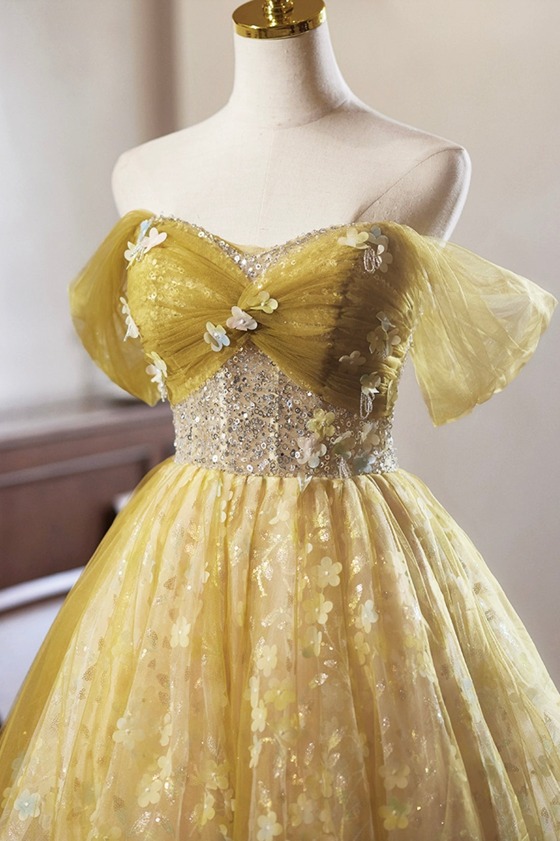 Yellow Floral Tulle Knee Length Prom Dress, Lovely A-Line Evening Party Dress