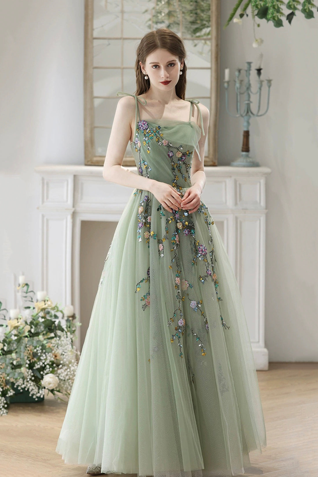 Beautiful Tulle Beads Long Prom Dress, Green Spaghetti Strap Backless Evening Party Dress