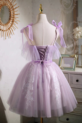 Lilac Spaghetti Strap Tulle Lace Short Prom Dress, Lovely A-Line Party Dress