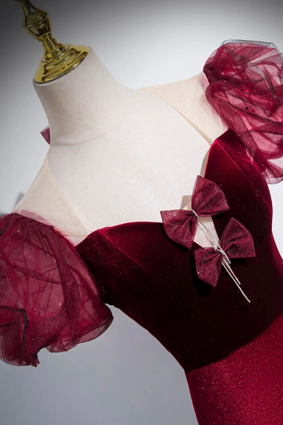 Burgundy Velvet Long Prom Dress, Mermaid Short Sleeve Party Dress wit Bow