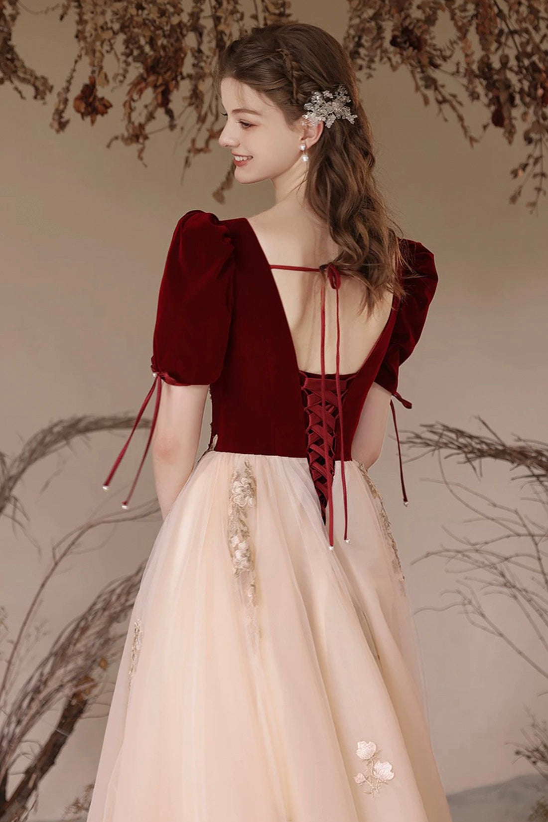 Burgundy Velvet and Champagne Tulle Long A-Line Prom Dress with Lace