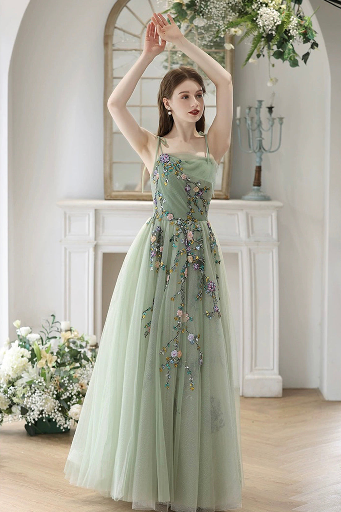 Beautiful Tulle Beads Long Prom Dress, Green Spaghetti Strap Backless Evening Party Dress