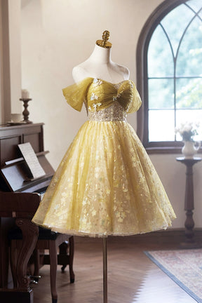 Yellow Floral Tulle Knee Length Prom Dress, Lovely A-Line Evening Party Dress