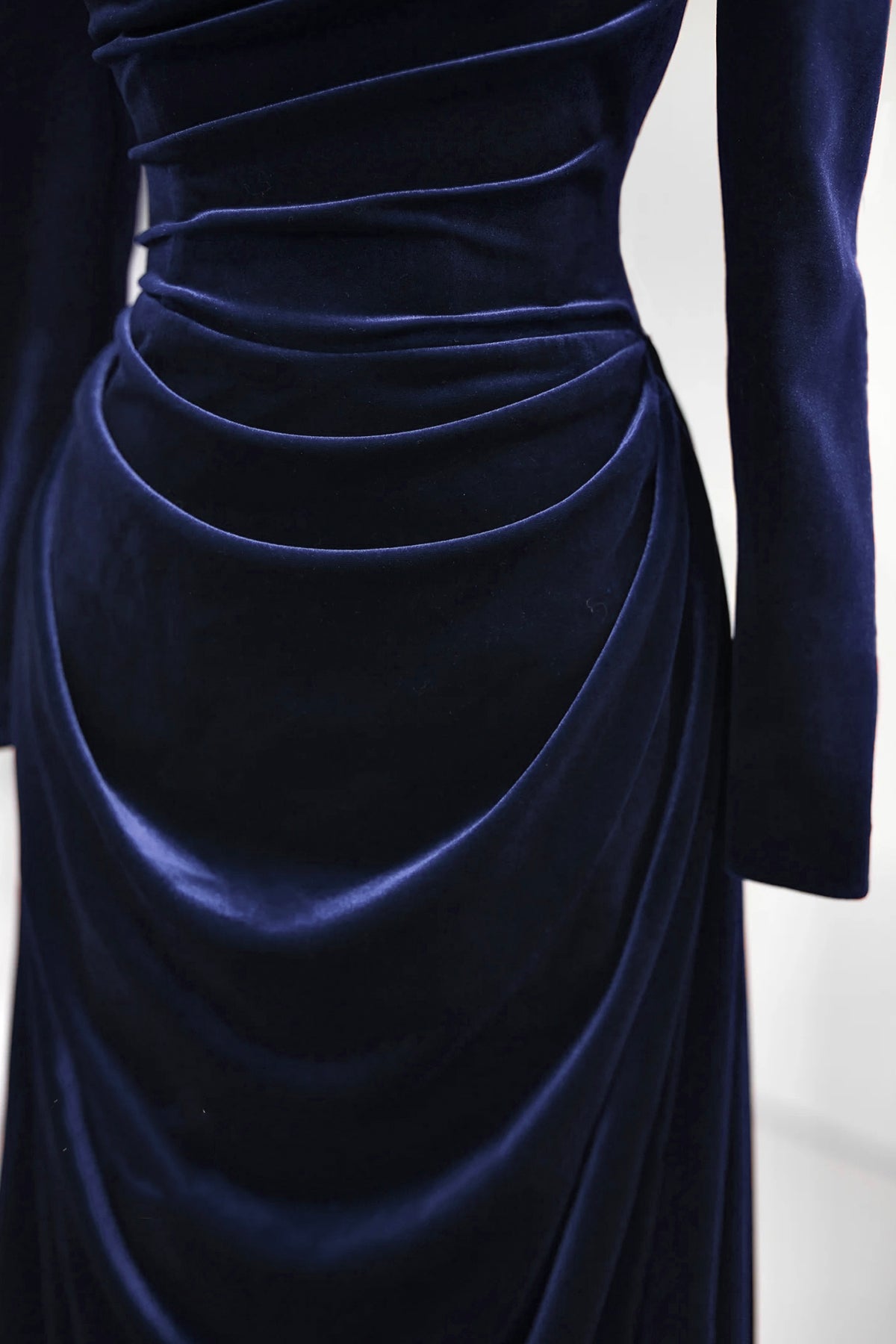 Navy Velvet Long Sleeve Prom Gown, A-Line Ruched Formal Evening Gown