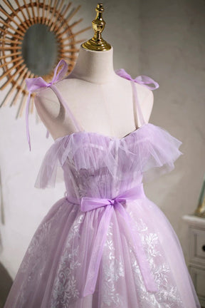 Lilac Spaghetti Strap Tulle Lace Short Prom Dress, Lovely A-Line Party Dress