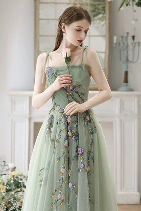 Beautiful Tulle Beads Long Prom Dress, Green Spaghetti Strap Backless Evening Party Dress