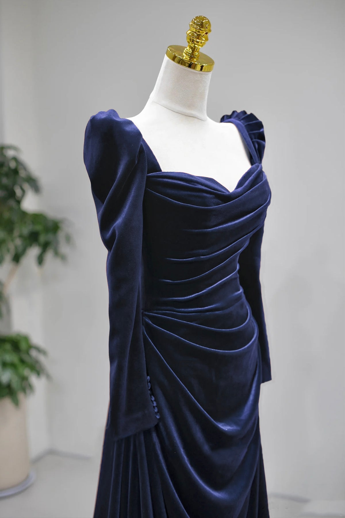 Navy Velvet Long Sleeve Prom Gown, A-Line Ruched Formal Evening Gown