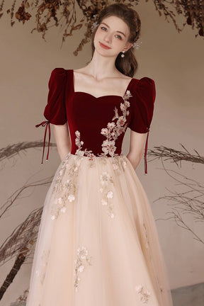 Burgundy Velvet and Champagne Tulle Long A-Line Prom Dress with Lace