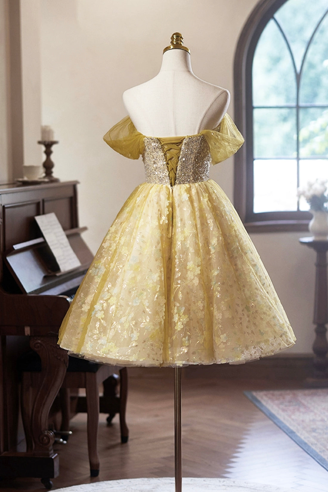 Yellow Floral Tulle Knee Length Prom Dress, Lovely A-Line Evening Party Dress