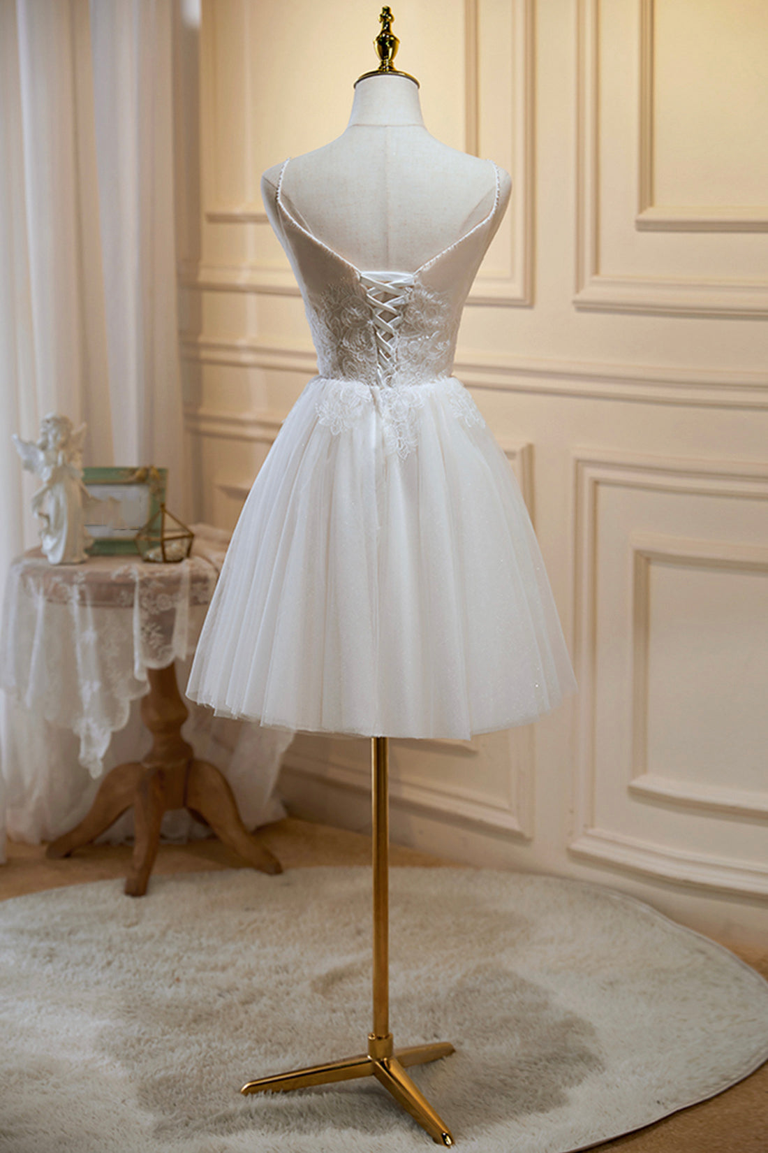 Ivory V Neck Tulle Lace Knee Length Prom Dress, Cute A-Line Homecoming Ivory V Neck Tulle Lace Knee Length Prom Dress, Cute A-Line Homecoming