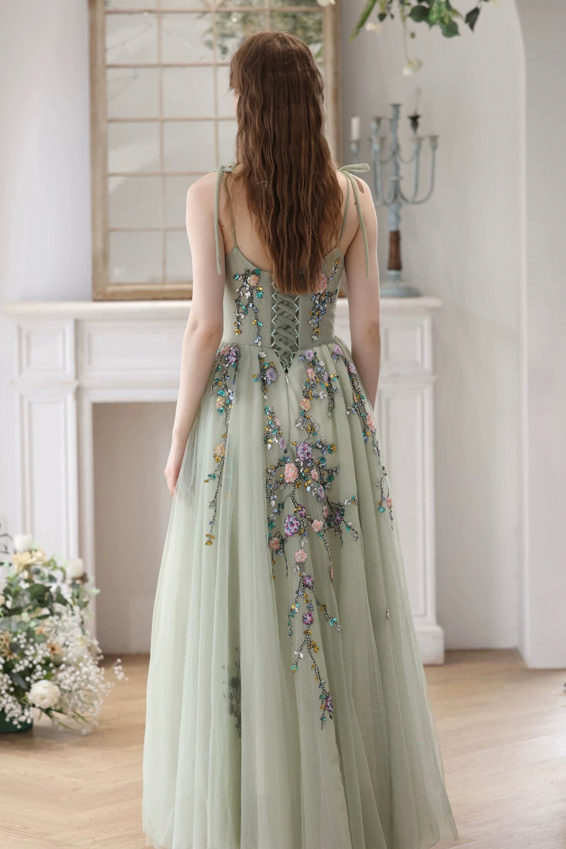 Beautiful Tulle Beads Long Prom Dress, Green Spaghetti Strap Backless Evening Party Dress