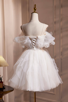 Light Champagne Spaghetti Strap Tulle Short Prom Dress, Beautiful A-Line Evening Party Dress