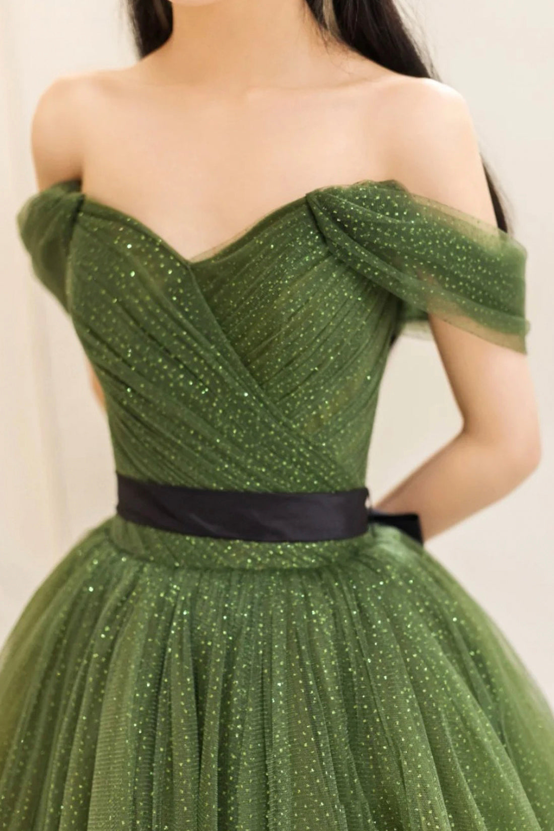 Green Tulle Long Prom Dress, Beautiful Off the Shoulder A-Line Evening Party Dress