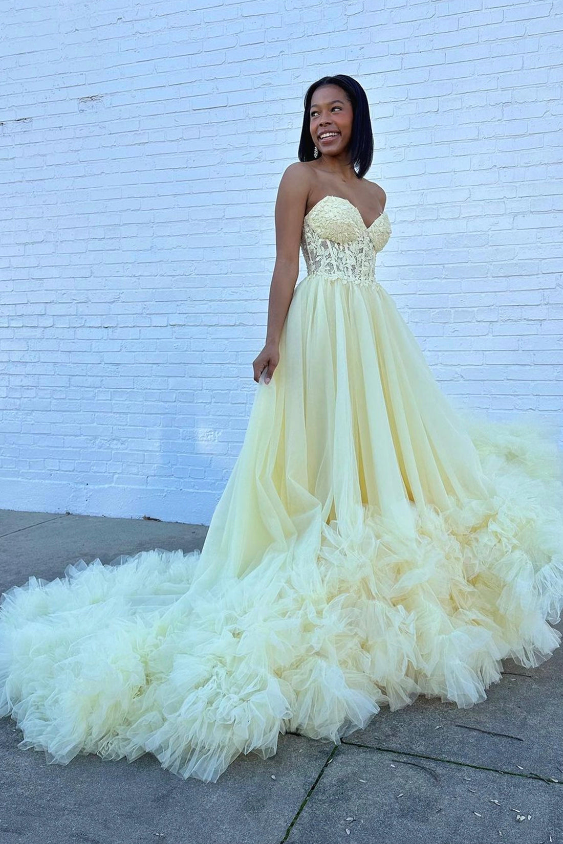 A-Line Yellow Sweetheart Corset Ruffle Prom Dress, Beautiful Tulle For A-Line Yellow Sweetheart Corset Ruffle Prom Dress, Beautiful Tulle For