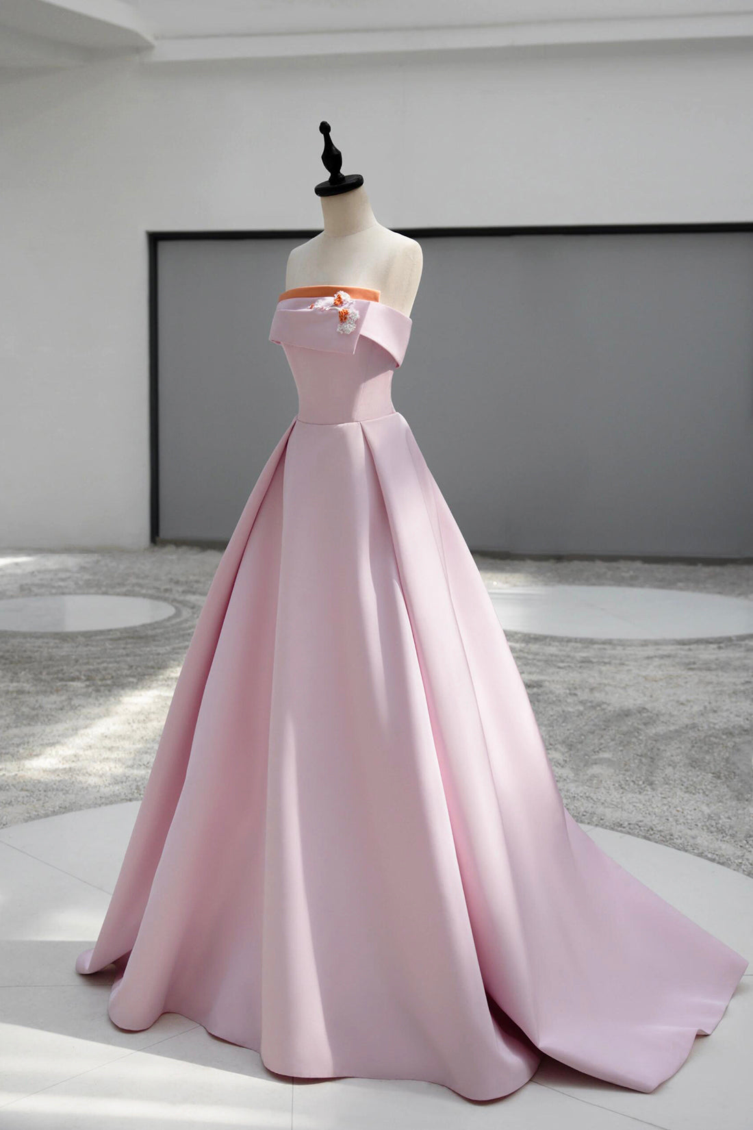 Pink Satin Long A-line Prom Dress, Pink Strapless Evening Party Dress