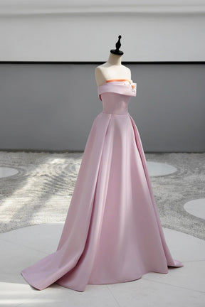 Pink Satin Long A-line Prom Dress, Pink Strapless Evening Party Dress