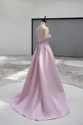 Pink Satin Long A-line Prom Dress, Pink Strapless Evening Party Dress