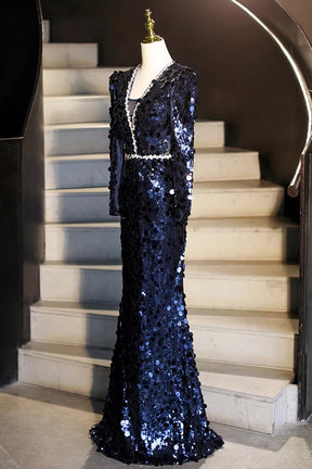 Elegant Long Sleeve V Neck Navy Sequin Mermaid Prom Gown
