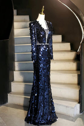 Elegant Long Sleeve V Neck Navy Sequin Mermaid Prom Gown