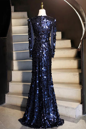 Elegant Long Sleeve V Neck Navy Sequin Mermaid Prom Gown