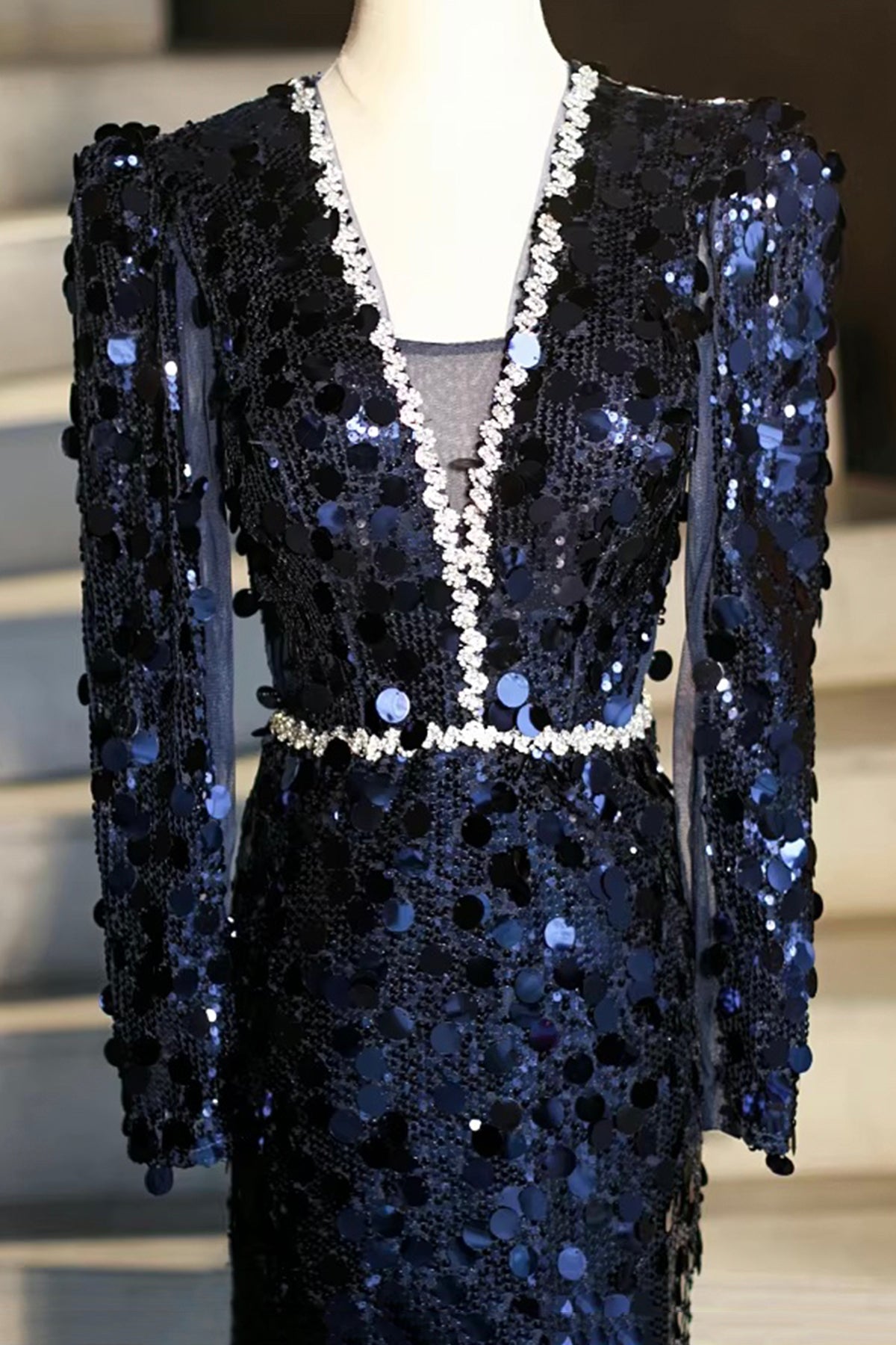 Elegant Long Sleeve V Neck Navy Sequin Mermaid Prom Gown