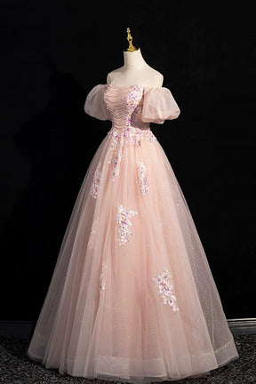 Pink Tulle Lace Floor Length Prom Dress, Off the Shoulder Formal Evening Dress