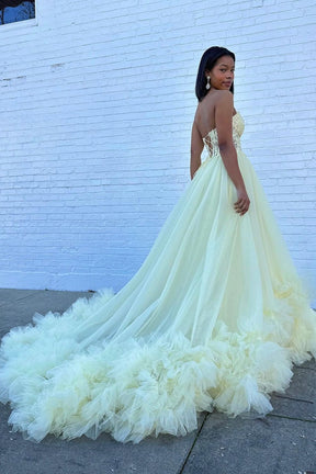 A-Line Yellow Sweetheart Corset Ruffle Prom Dress, Beautiful Tulle Formal Evening Dress