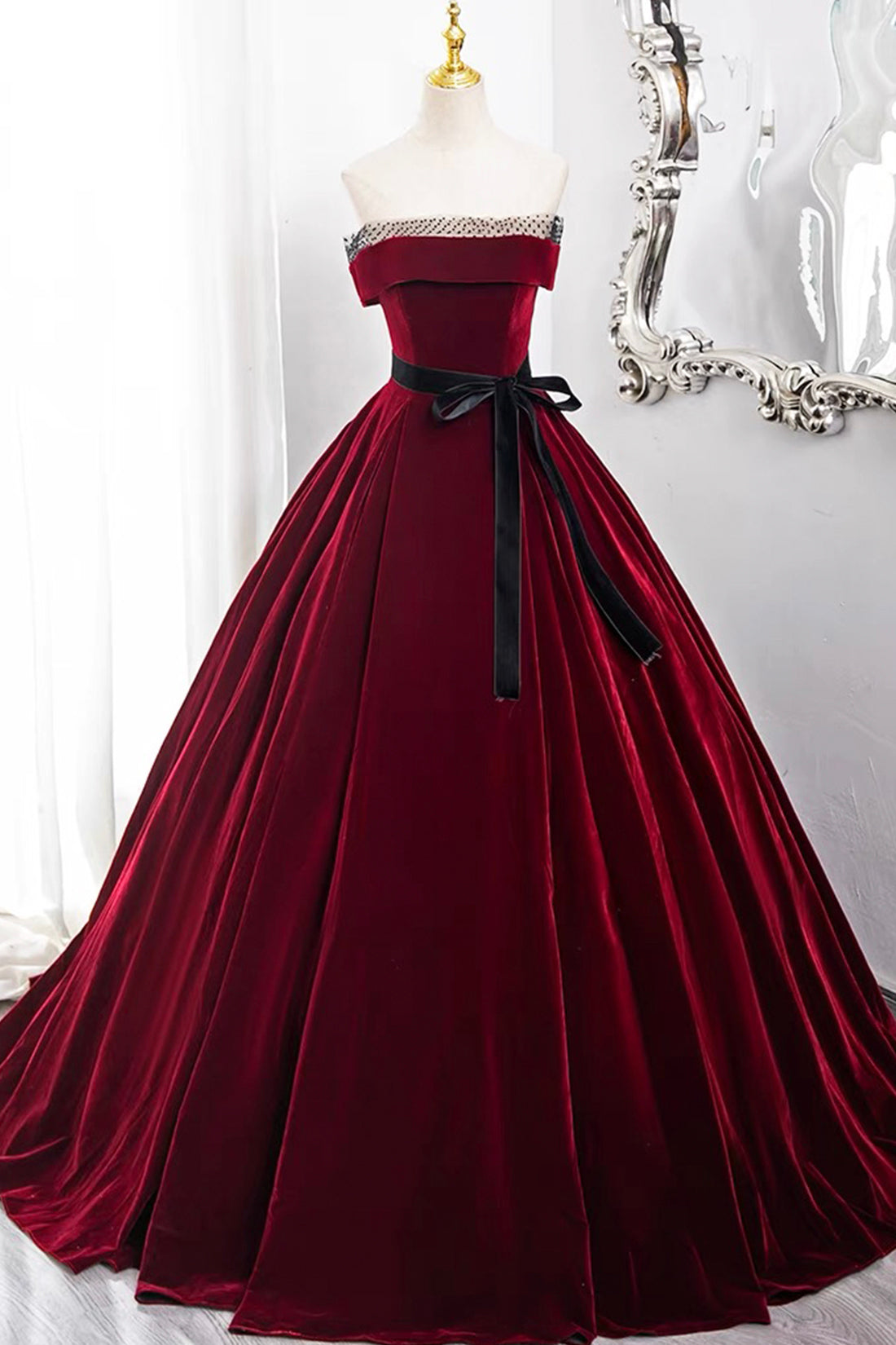 Burgundy Velvet Long Formal Dress, Off the Shoulder Evening Party Dress