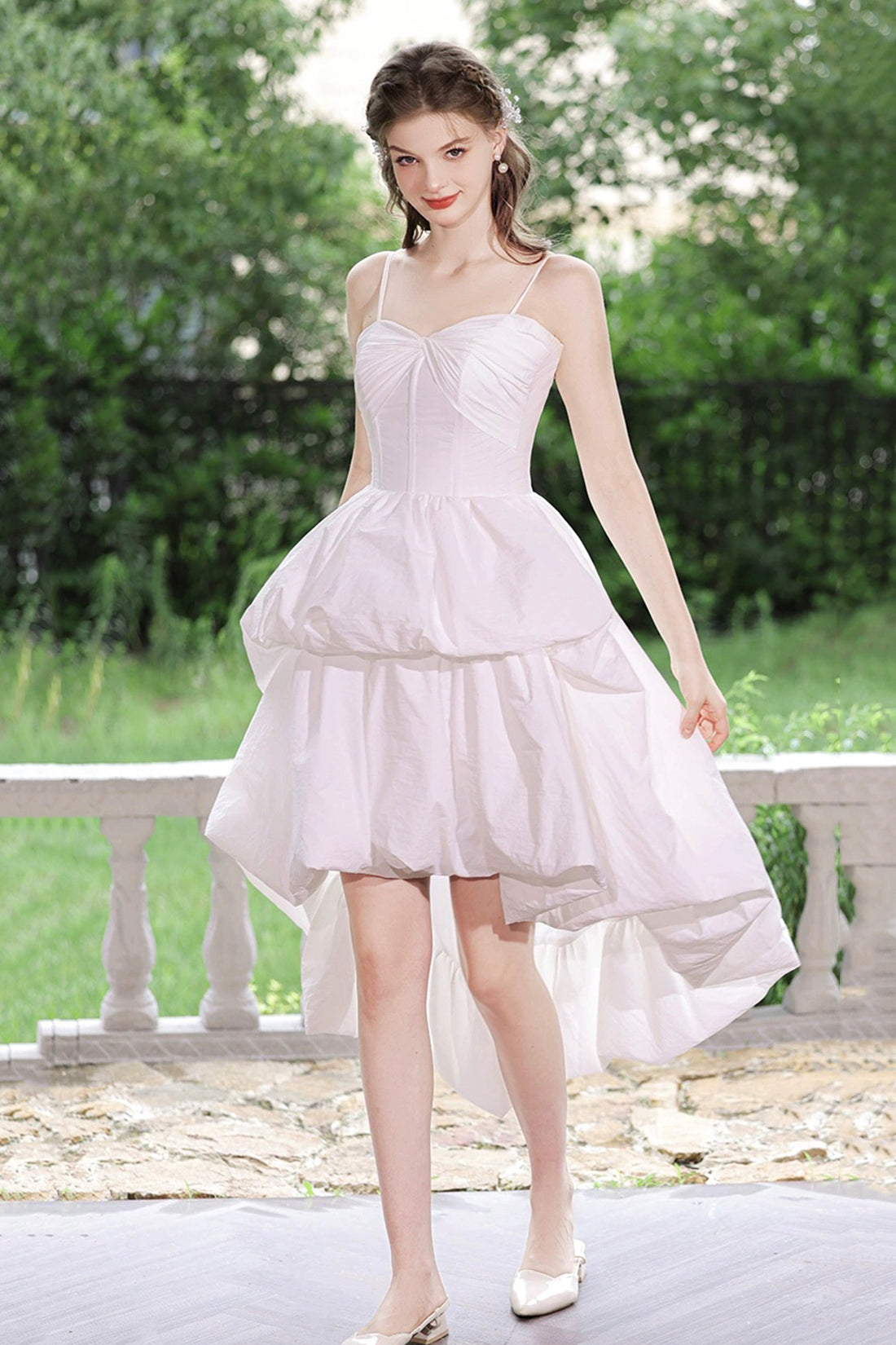 White Spaghetti Strap Satin High Low Party Dress, Beautiful A-Line Evening Dress