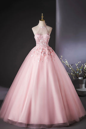 Pink Halter Tulle Flowers Long Prom Dress, Beautiful Backless Evening Party Dress