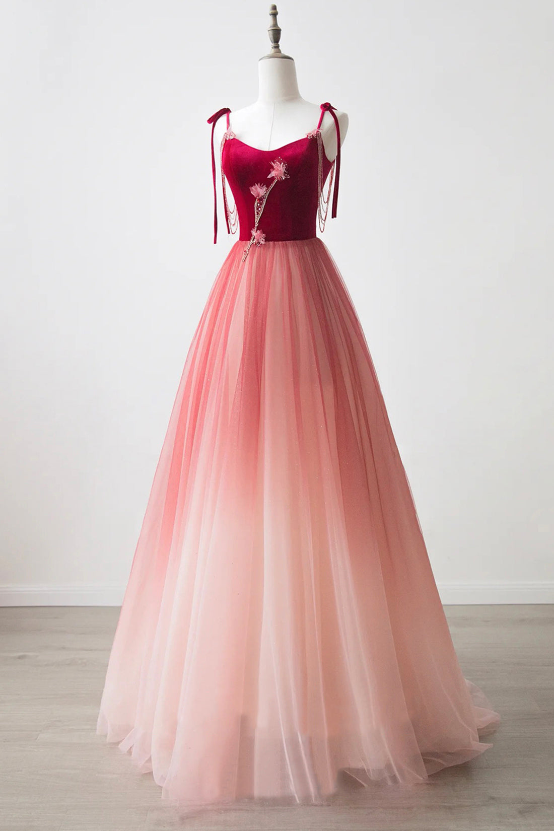 Burgundy Velvet Tulle Long Formal Dress, Beautiful A-Line Spaghetti Strap Evening Dress