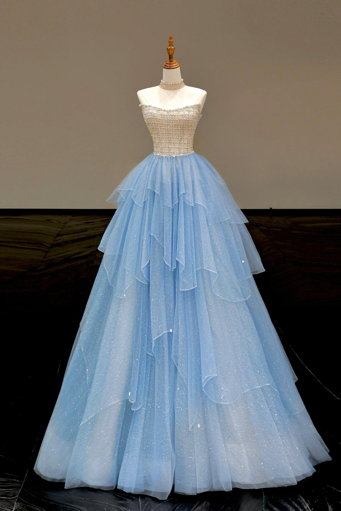 Blue Shiny Tulle Long Prom Dress, Beautiful Strapless Evening Party Dress