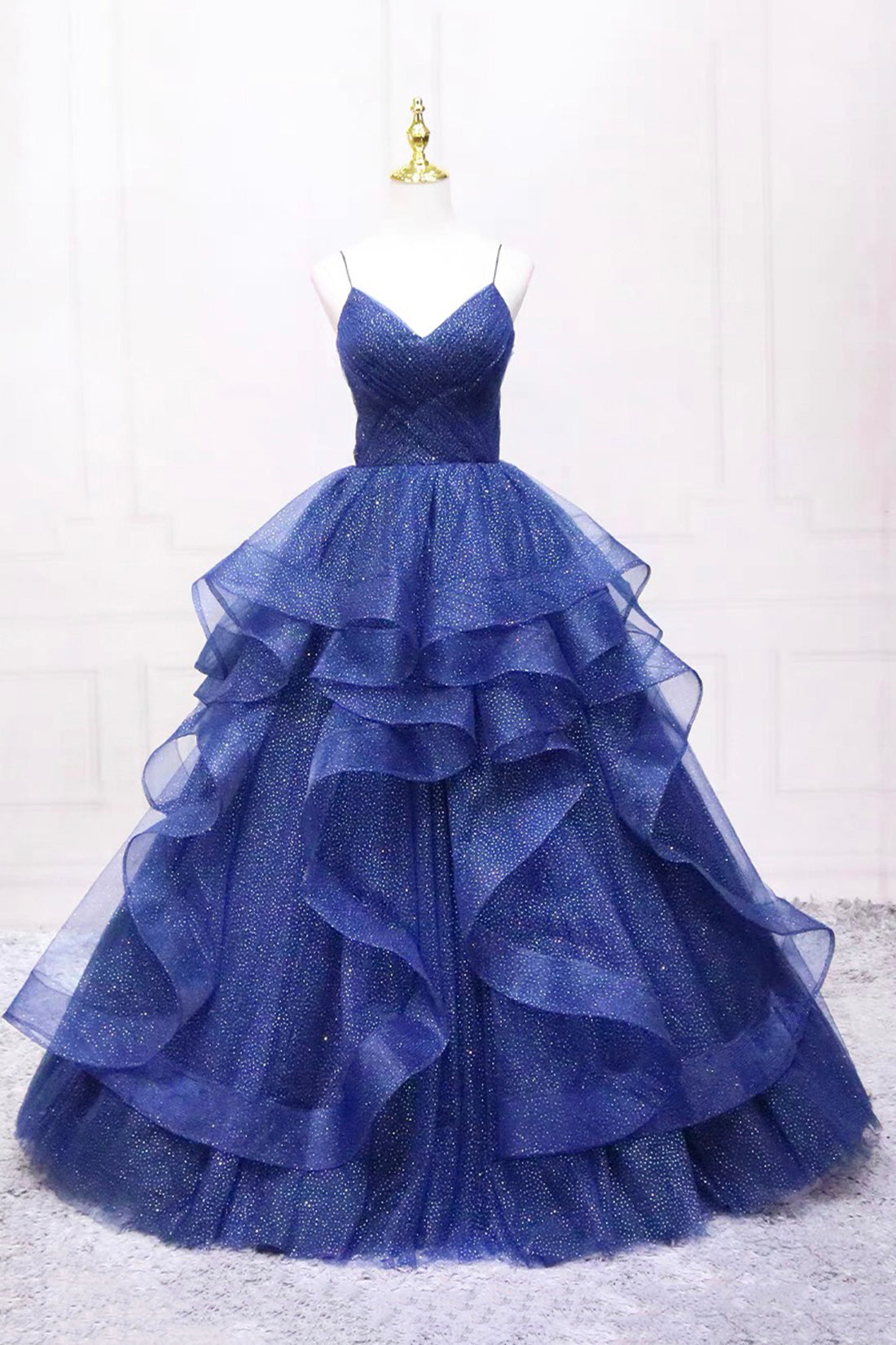 Dark Blue Tulle Layers Long Formal Dress, Blue Tulle with Straps Party Dress