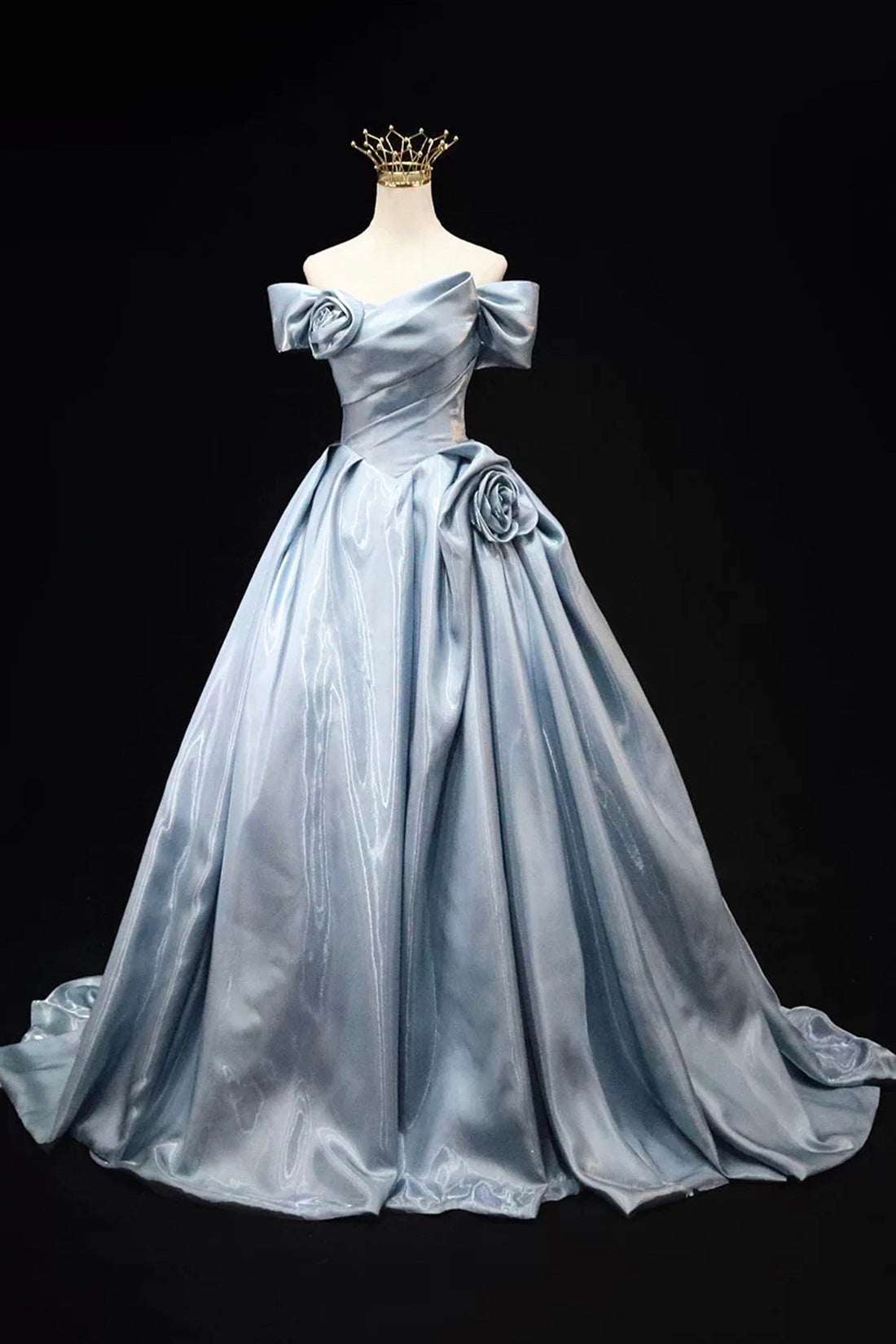 Blue Satin Floor Length Prom Dress, A-Line Off the Shoulder Evening Party Dress