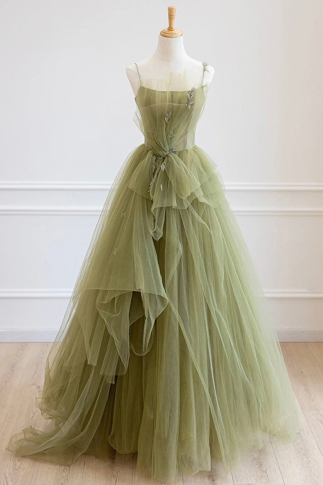 Green Tulle Long A-Line Prom Dress, Beautiful Spaghetti Strap Evening Dress