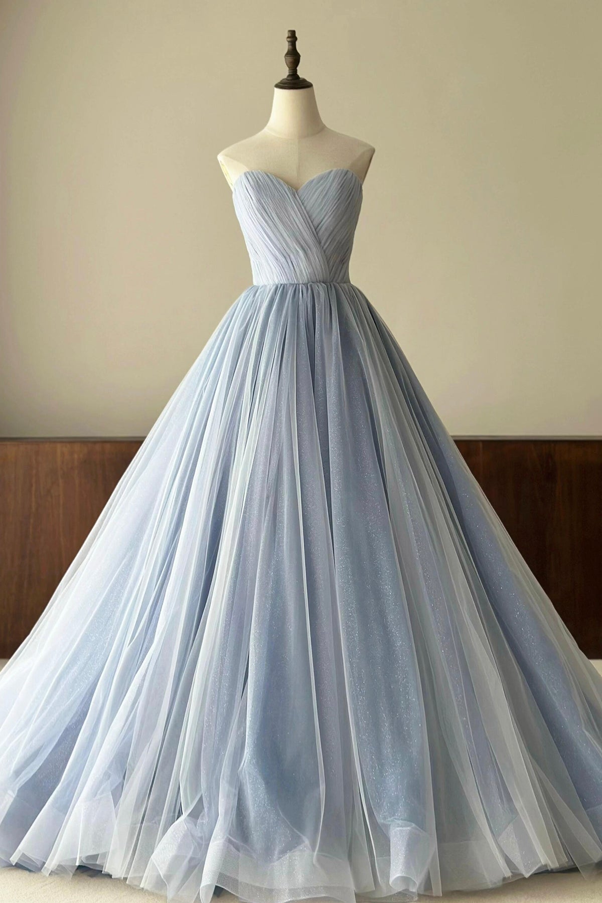 Light Blue Tulle Floor Length Prom Dress, A-Line Strapless Evening Party Dress