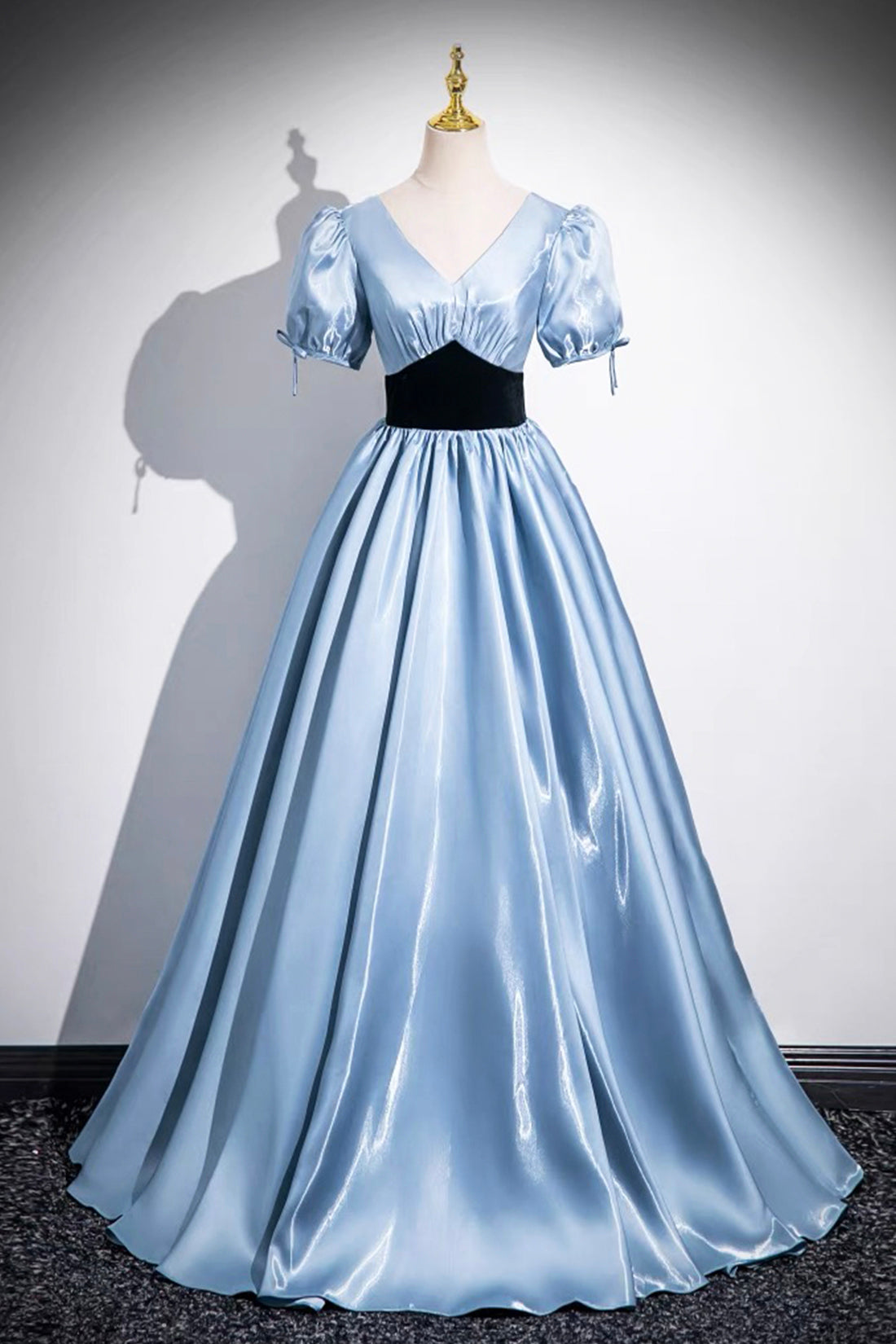 Blue Satin and Black Velvet Long Prom Dress, A-Line V-Neck Short Sleev