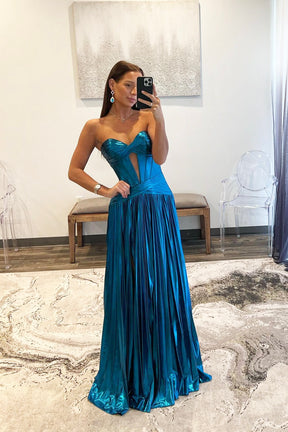 Blue Satin Long Floor Length Prom Dress, A-Line Blue Strapless Evening Dress Formal Dress