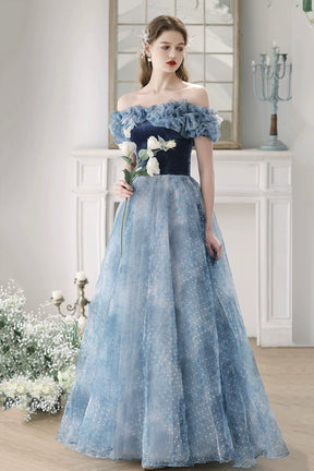 Blue Velvet and Spotted Tulle Floor Length Prom Dress, Elegant Off the Shoulder Evening Party Dress