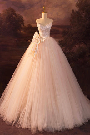 Champagne Strapless Tulle Long Prom Dress, Beautiful A-Line Tulle Formal Evening Dress