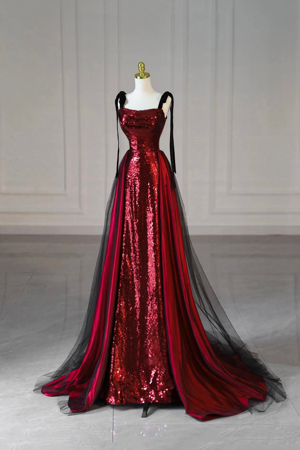 Burgundy Tulle Sequins Long Prom Dress, Shiny A-Line Evening Party Dress