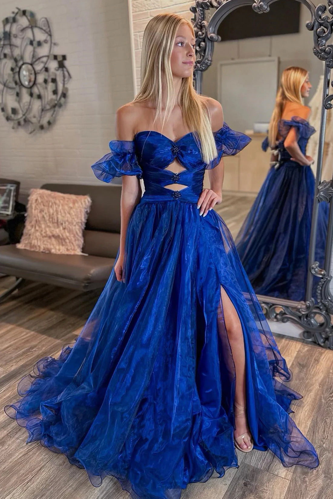 Off the Shoulder Royal Blue Long Organza Prom Dresses, Royal Blue Long A-Line Formal Evening Dresses