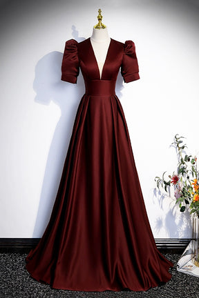 Burgundy V-Neck Satin Long Prom Dress, Simple Short Sleeve Evening Par Burgundy V-Neck Satin Long Prom Dress, Simple Short Sleeve Evening Par