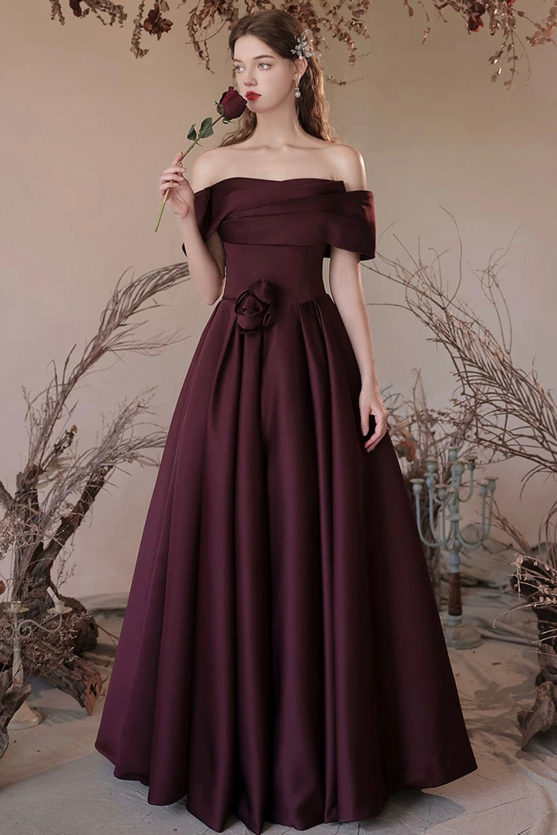 Elegant Satin Floor Length Prom Dress, A-Line Off the Shoulder Formal Party Dress