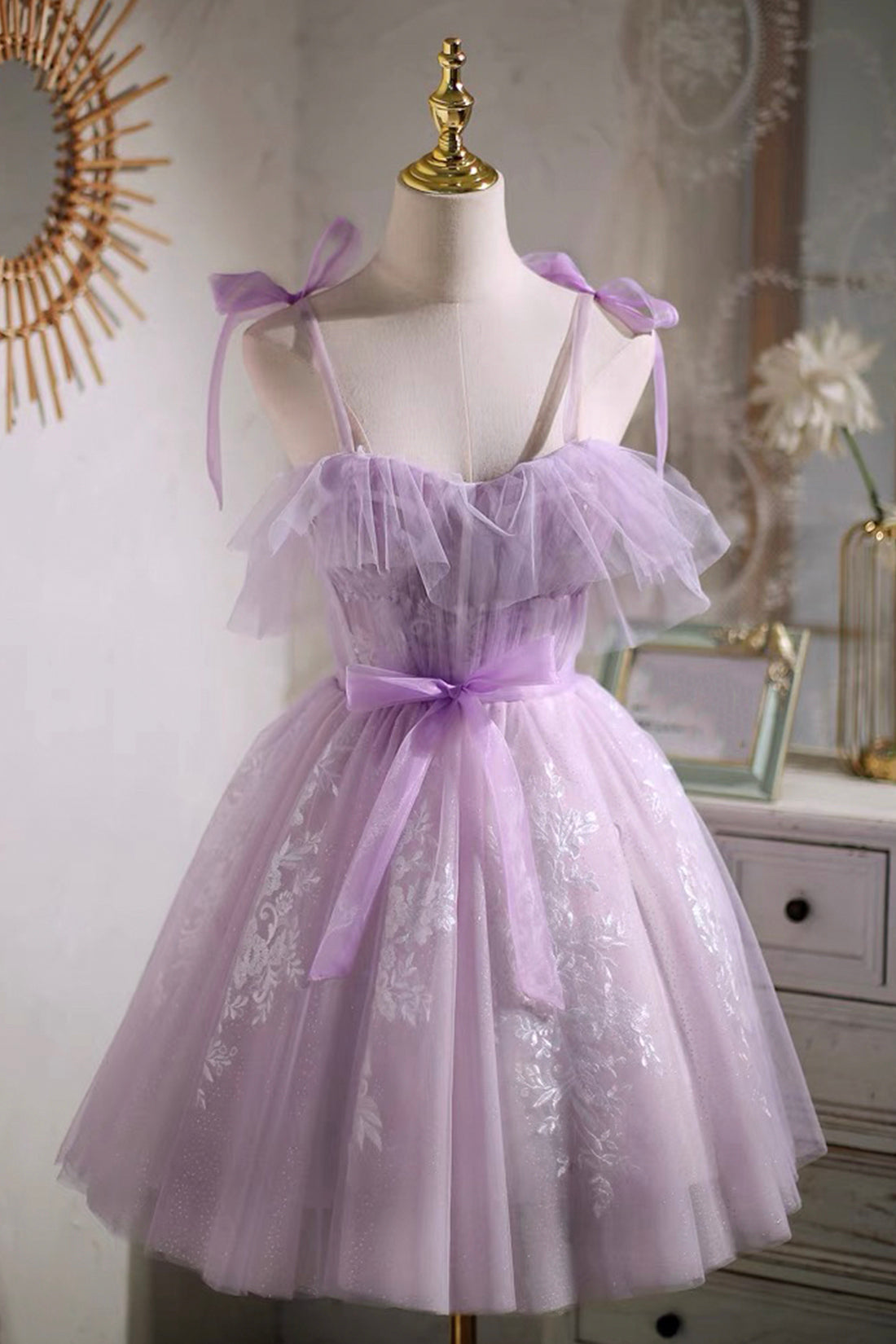 Lilac Spaghetti Strap Tulle Lace Short Prom Dress, Lovely A-Line Party Dress