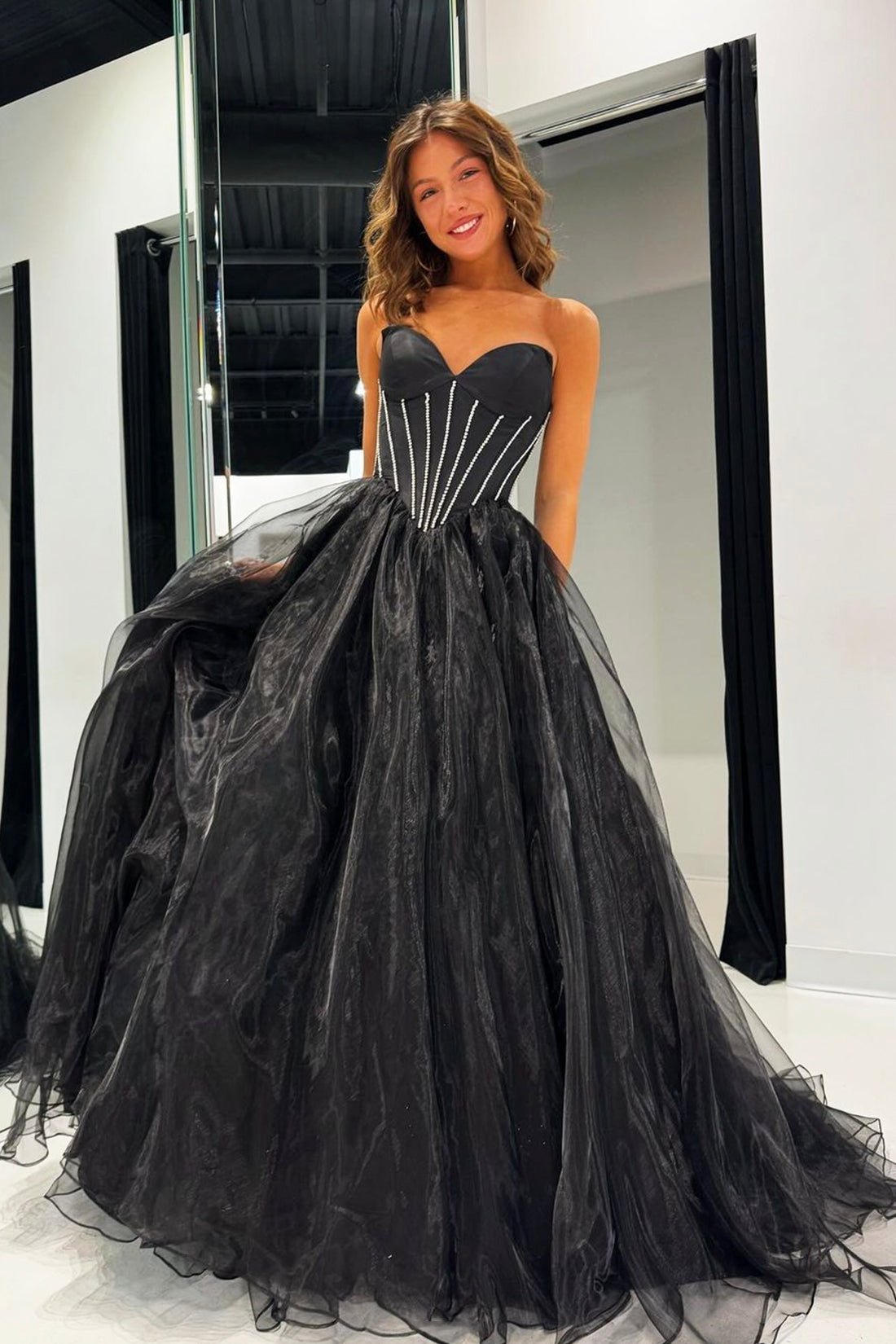 A Line Black Tulle Long Prom Dress, Beautiful Strapless Formal Evening Dress